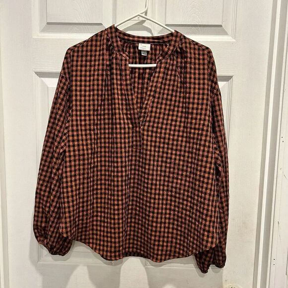 A New Day Ladies Size Large Orange Black Checked Shirt With Long Sleeves - Picture 1 of 6